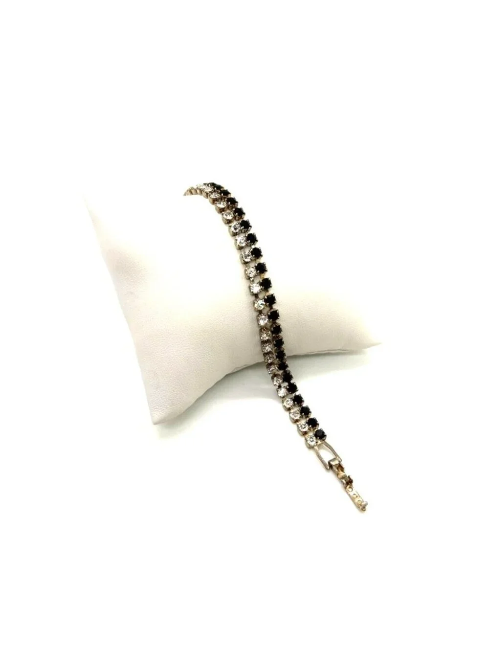 Vintage Tennis Bracelet With Black & Clear Rhinestones Silver Tone 6.5 Inches Lo - Picture 2 of 11